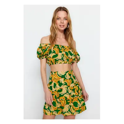 Trendyol Fruit Patterned Woven Ruffle Blouse and Skirt Set