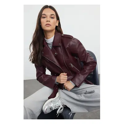 Trendyol Claret Red Regular Faux Leather Biker Jacket Coat