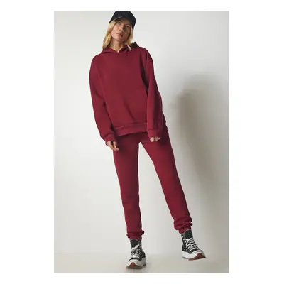 Happiness İstanbul Women's Burgundy Hooded Raised Tracksuit