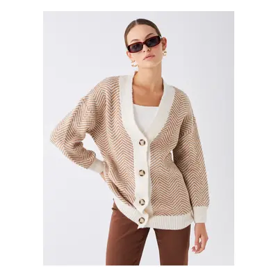 LC Waikiki Dámské V-Neck Vzorované Dlouhý Rukáv Oversize Pletené Oblečení Cardigan