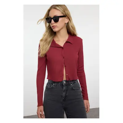 Trendyol Burgundy Buttoned Fitted Polo Neck Wrap/Textured Crop Knitted Blouse