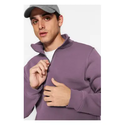 Trendyol Purple Regular/Normal Cut Stand Collar Zippered Cotton Basic Polar Fleece Sweatshirt