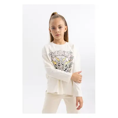 DEFACTO Girl Oversize Wide Pattern Printed Crew Neck Long Sleeve T-Shirt