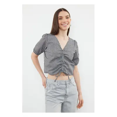 Trendyol Black Gathered Gingham Woven Blouse