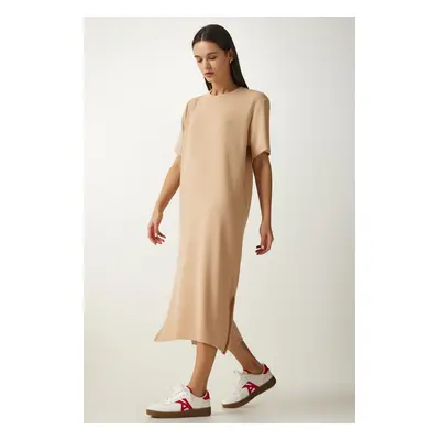 Happiness İstanbul Women's Beige Crew Neck Knitted Ribbed Dress