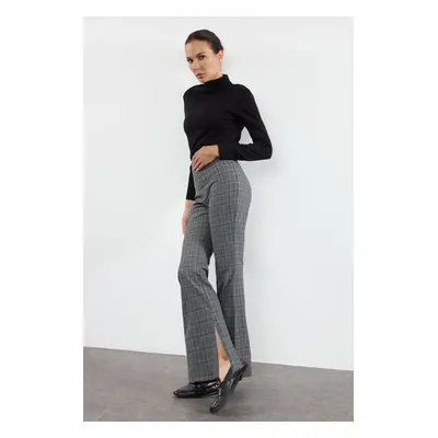 Trendyol Gray Flare Pattern Plaid Woven Trousers