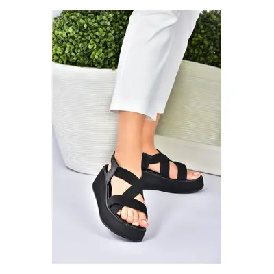 Fox Shoes Black Fabric Band Sandals with a thick soled sole