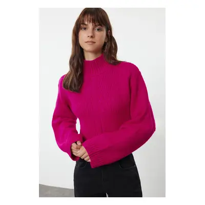 Trendyol Fuchsia Crop Soft Textured Stand Collar Knitwear Sweater