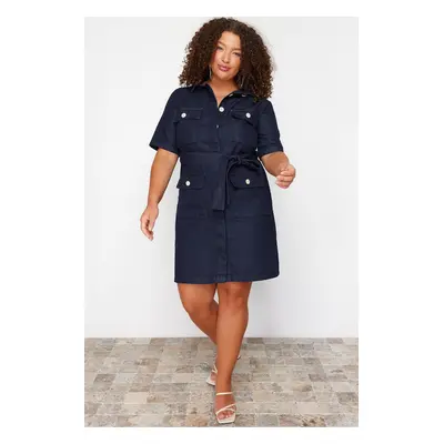 Trendyol Curve Dark Blue Belt Detailed Mini Denim Shirt Dress