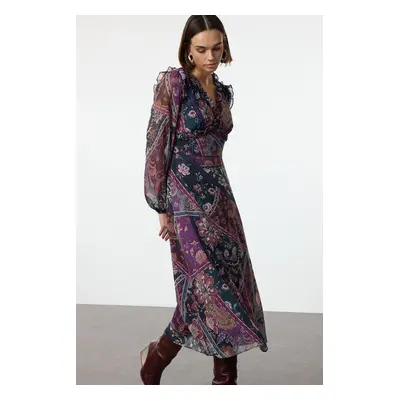 Trendyol Purple Shawl Pattern Waist Opening Ruffle Maxi Lined Woven Dress