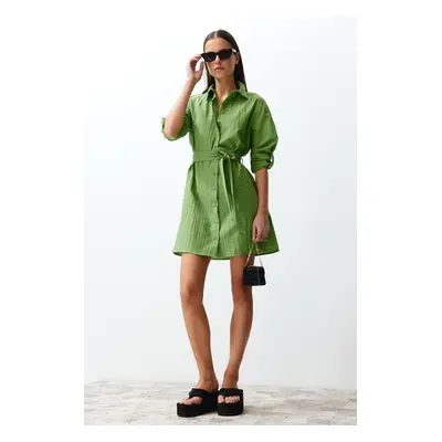 Trendyol Green Belted Fabric Textured Mini Woven Shirt Dress