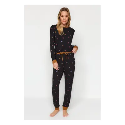 Trendyol Black 100% Cotton Floral T-shirt-Jogger Knitted Pajama Set