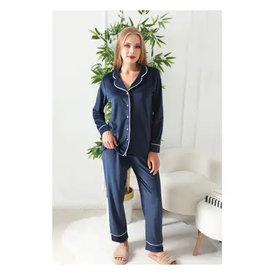 Trendyol Navy Blue Piping Detailed Velvet Knitted Pajama Set