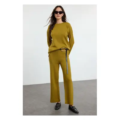 Trendyol Oil Green Ribbed Knit Oversize Knitwear Bottom-Top Set