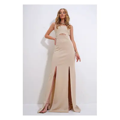 Trend Alaçatı Stili Women's Beige Adjustable Strap Out Cut Slit Graduation Dress