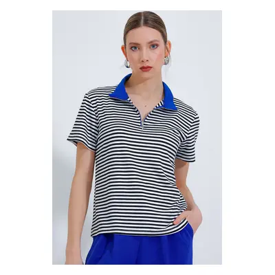 Bigdart Women's Saks Polo Neck Zippered Striped T-Shirt