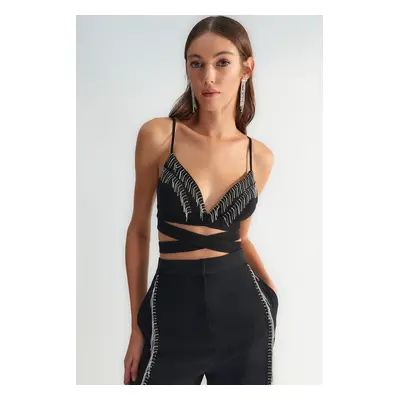 Trendyol X Zeynep Tosun černý bustier s kamennými doplňky