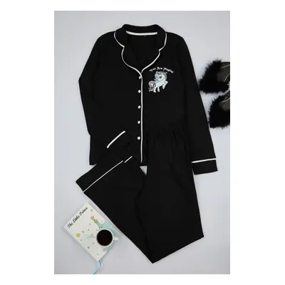 Trendyol Black 100% Cotton Slogan Printed Piping Detailed Knitted Pajama Set