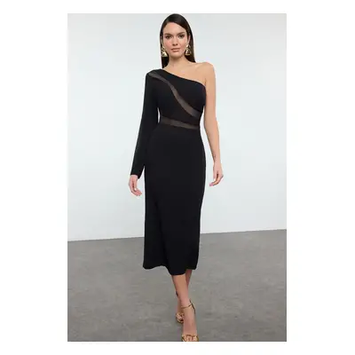 Trendyol Black Body-Sit Asymmetrical Collar Single Sleeve Woven Elegant Evening Dress