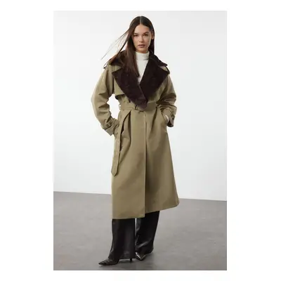 Trendyol Light Khaki Regular Collar Plush Detail Belted Trench Coat