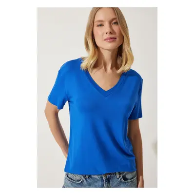 Happiness İstanbul Women's Cobalt Blue V-Neck Basic Viscose Knitted T-Shirt