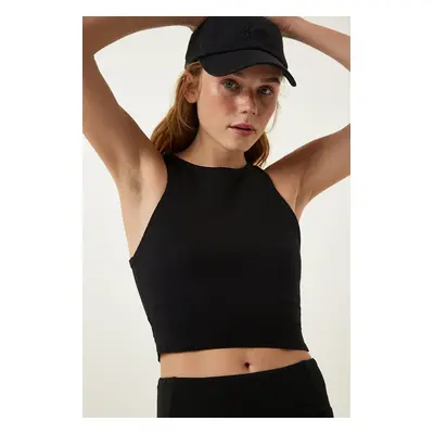 Happiness İstanbul Women's Black Barter Neck Crop Knitted Blouse