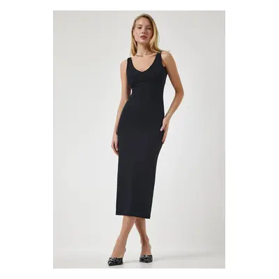 Happiness İstanbul Women's Black Strap V Neck Ribbed Knitted Dress