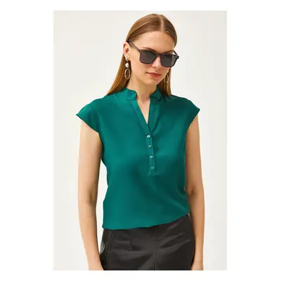 Olalook Women's Emerald Green V-Neck Button Viscose Blouse