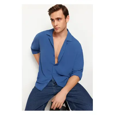 Trendyol Indigo Oversize Fit Open Collar Summer Linen Look Shirt