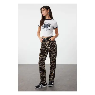 Trendyol Brown Leopard Patterned Straight Cut Woven Trousers