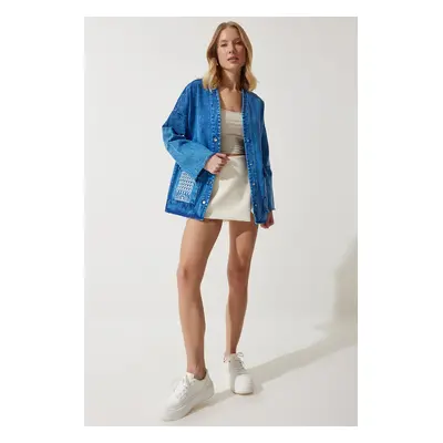 Happiness İstanbul Women's Blue Embroidery Detailed Oversize Denim Jacket