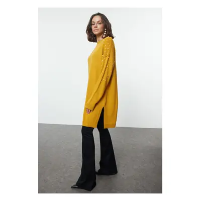 Trendyol Mustard Pearl and Stone Detailed Knitwear Sweater