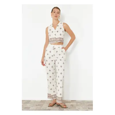 Trendyol Ecru Patterned Buttoned Linen Look Woven Blouse-Pants Set