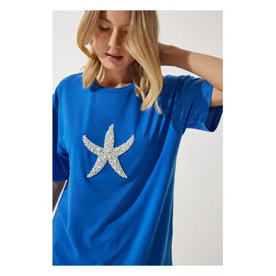 Happiness İstanbul Women's Blue Star Pearl Embroidered Oversize Knitted T-Shirt