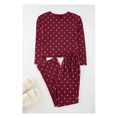 Trendyol Claret Red 100% Cotton Polka Dot and Heart Knitted Pajama Set