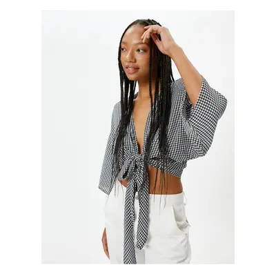 Koton Oversize Crop Kimono Blouse Double Breasted Wide 3/4 Sleeve Crow's Foot Patterned Tie Deta