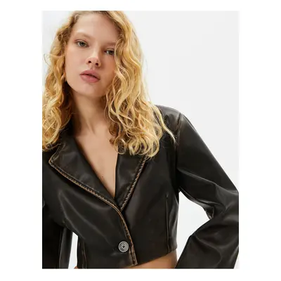 Koton Crop Faux Leather Jacket Worn Look Reverse Double Breasted Collar Long Sleeve