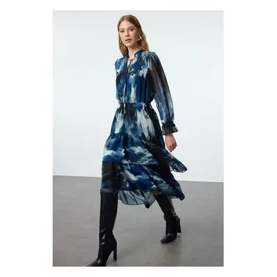 Trendyol Limited Edition Blue Abstract Patterned Ruffle Midi Woven Winter Dress