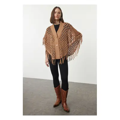 Trendyol Camel Openwork/Hole Tassel Detail Poncho Knitwear Cardigan