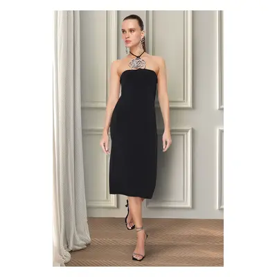 Trendyol Black Lined Knitted Elegant Evening Dress with Shiny Stone Accessories