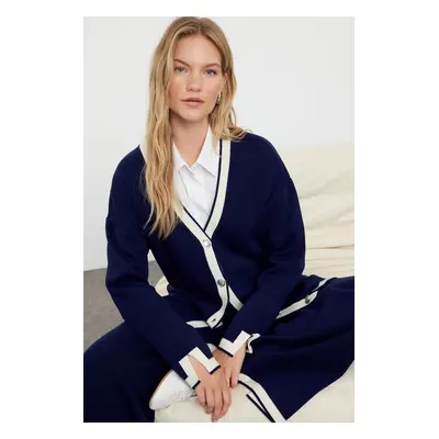 Trendyol Navy Blue Color Blocked Knitwear Cardigan Trousers Bottom-Top Set