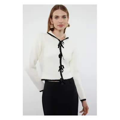 Trendyol Ecru Crop Ribbon/Bow Detailed Knitwear Cardigan