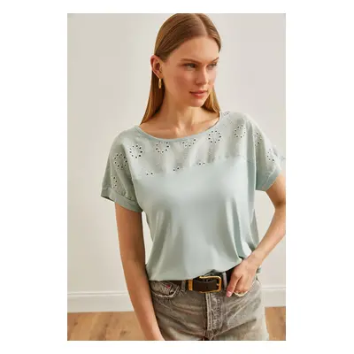 Olalook Women's Water Green Scallop Detailed Bat Blouse