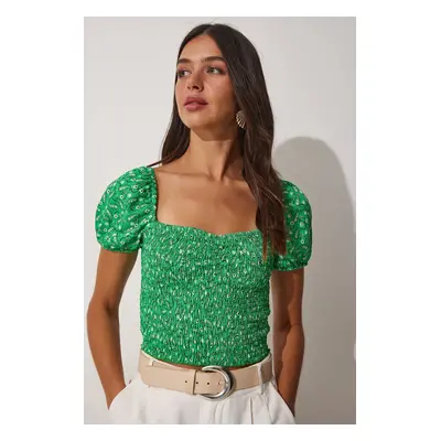 Happiness İstanbul Women's Green Floral Gathered Carmen Collar Crop Knit