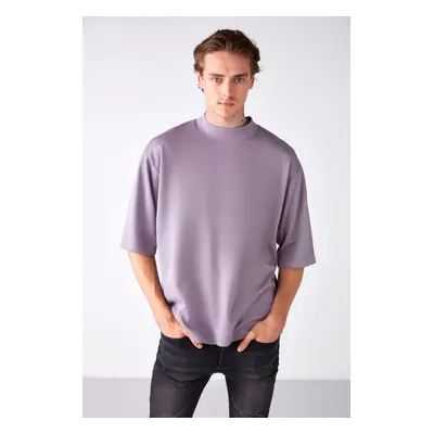 GRIMELANGE Men's Ascolı Oversize Fit Special Thick Textured Fabric High Collar Lilac T-shirt