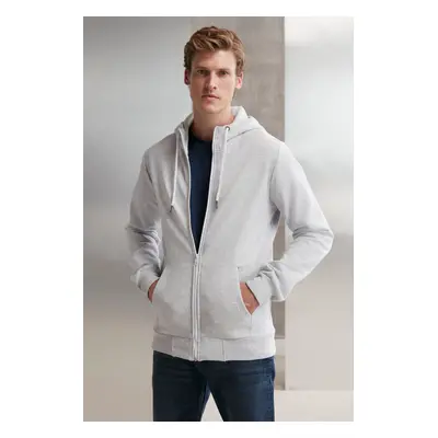 GRIMELANGE Core Men's Zipper High Collar Hooded Drawstring Fleece Light Gray Sweatshirt