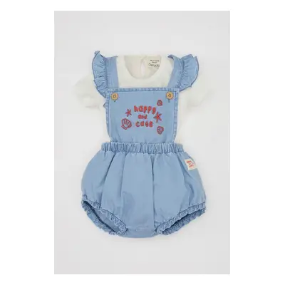 DEFACTO Baby Girl 2-Piece Set Short Sleeve T-Shirt Top Soft Embroidered Jean Overalls