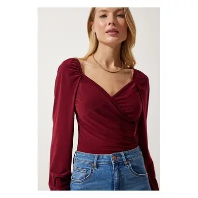 Happiness İstanbul Women's Burgundy Elastic Balloon Sleeve Sandy Knitted Blouse