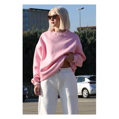 Madmext Pink Crew Neck Basic Sweatshirt