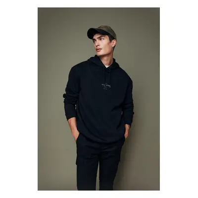 DEFACTO Black Relax Fit Hooded Printed Thick Sweatshirt